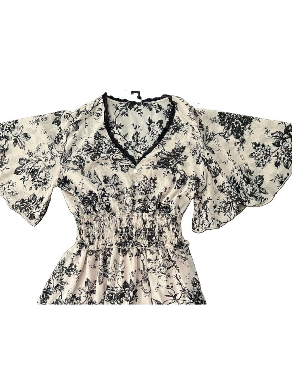 Kate & Lily Black Ivory Floral Smocked Waist Flutter Sleeve Maxi Dress Size 10 - Picture 3 of 13